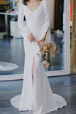 V-Neck Long Sleeve Slit Wedding Dress BM bride