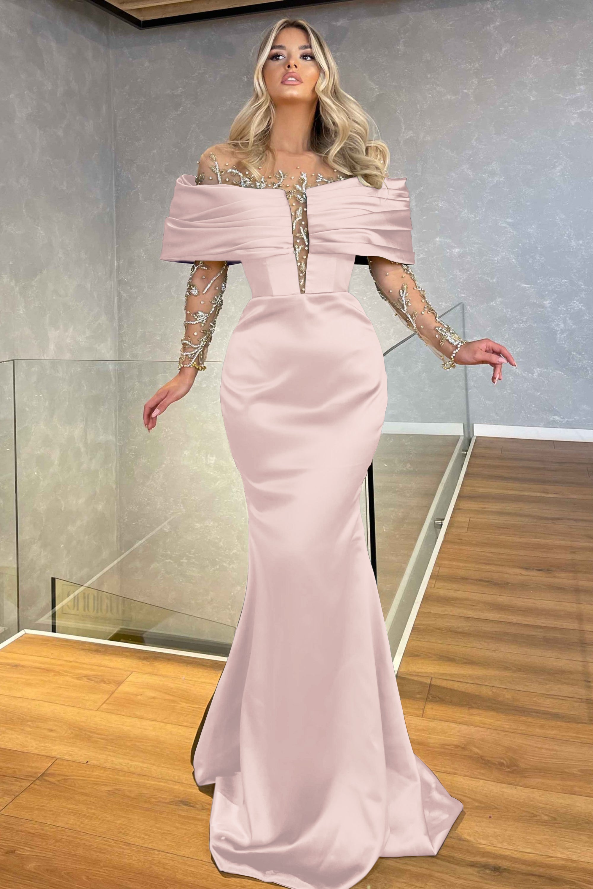 Green Prom Dress Off the Shoulder Long Sleeves Beading Embellished BMBRIDE