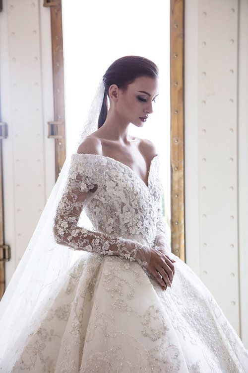 Off-the-Shoulder Sweetheart Long Sleeve A-Line Backless Wedding Dress with Lace, Appliques, and Crystal BM bride