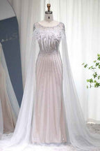 Glamorous Crew Neck Mermaid Prom Dress Tulle Cap With Feathers Appliques