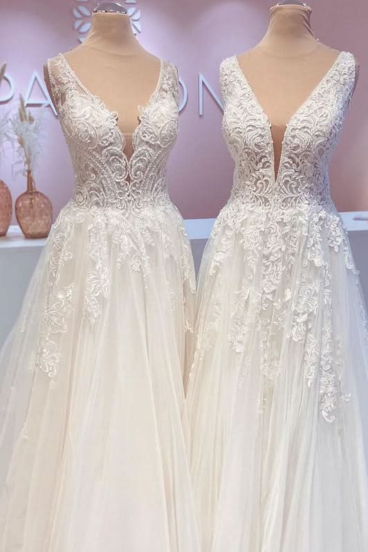 Wide Straps Open Back A-Line Wedding Dress With Lace Appliques Tulle Train BM bride