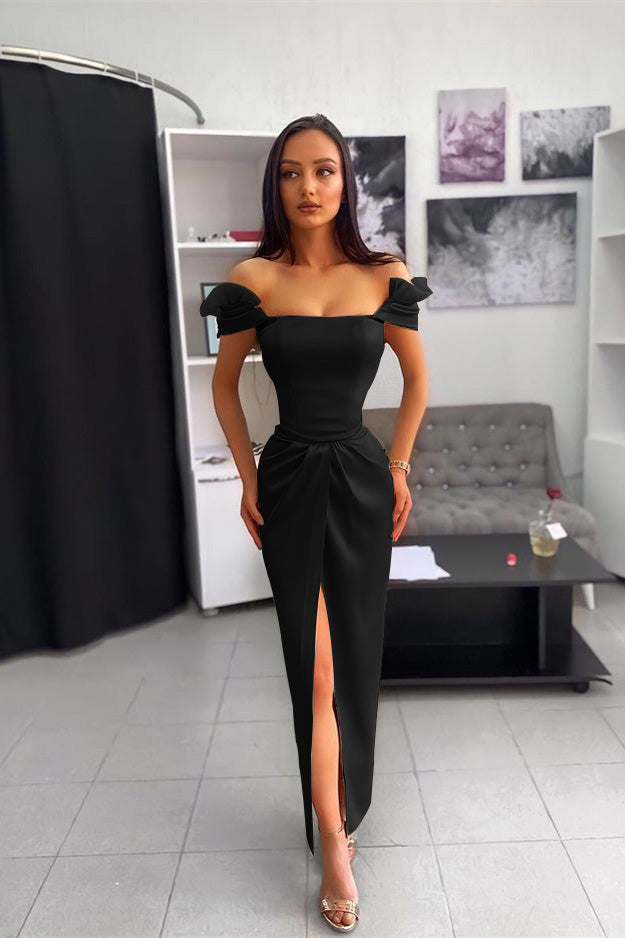 Off the Shoulder Split Ankle Long Prom Dress With Chic Wrinkle BMBRIDE
