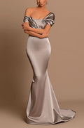 Grey Off-The-Shoulder Bateau Pleated Ball Gown Evening Dress BM bride