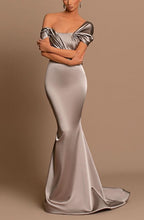 Grey Off-The-Shoulder Bateau Pleated Ball Gown Evening Dress BM bride