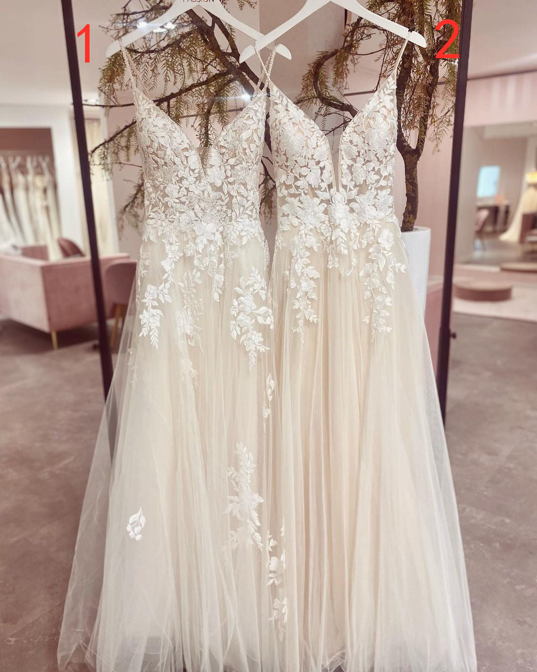 Chic Spaghetti Strap V-Neck A-Line Tulle Wedding Dress with Lace Appliques BM bride