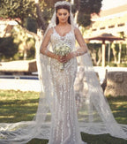 V-Neck Tulle Lace Long Mermaid Wedding Dress with Detachable Train BM bride