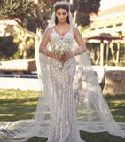 V-Neck Tulle Lace Long Mermaid Wedding Dress with Detachable Train BM bride