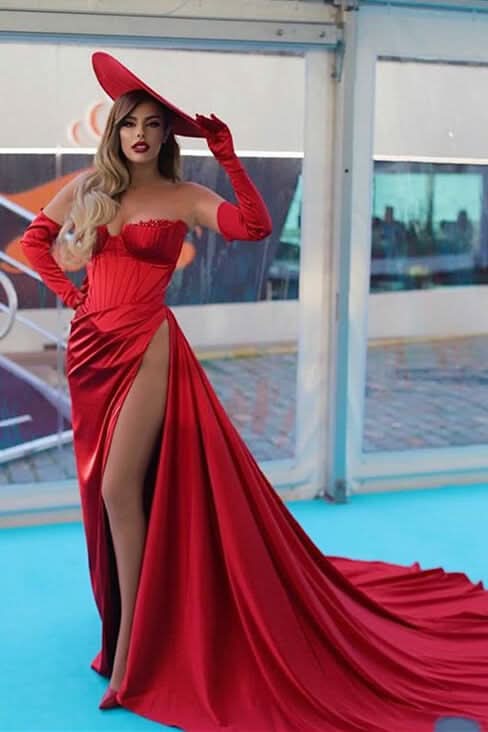 Charming Red Off-the-Shoulder Strapless Long Sleeve Evening Dress with Slit BM bride