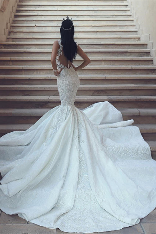 V-Neck Sleeveless Mermaid Wedding Dress with Lace Appliques BM bride