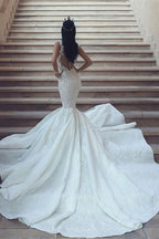 V-Neck Sleeveless Mermaid Wedding Dress with Lace Appliques BM bride