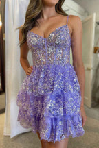 Sparkly Blue Corset Top Spaghetti Straps A-Line Lace Short Homecoming Dress