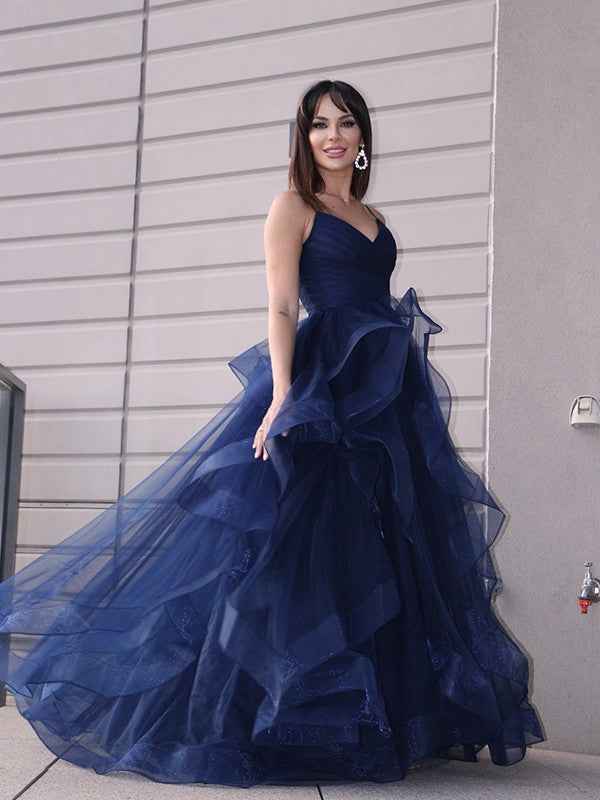 Tulle Spaghetti Strap V Neck Sleeveless Front Split Prom Dress With Ruffles