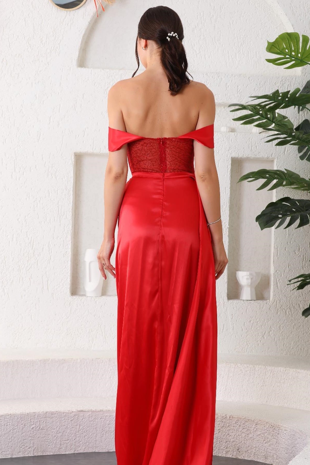 Red Sweetheart Off the Shoulder Mermaid Prom Dress With Split BMBRIDE