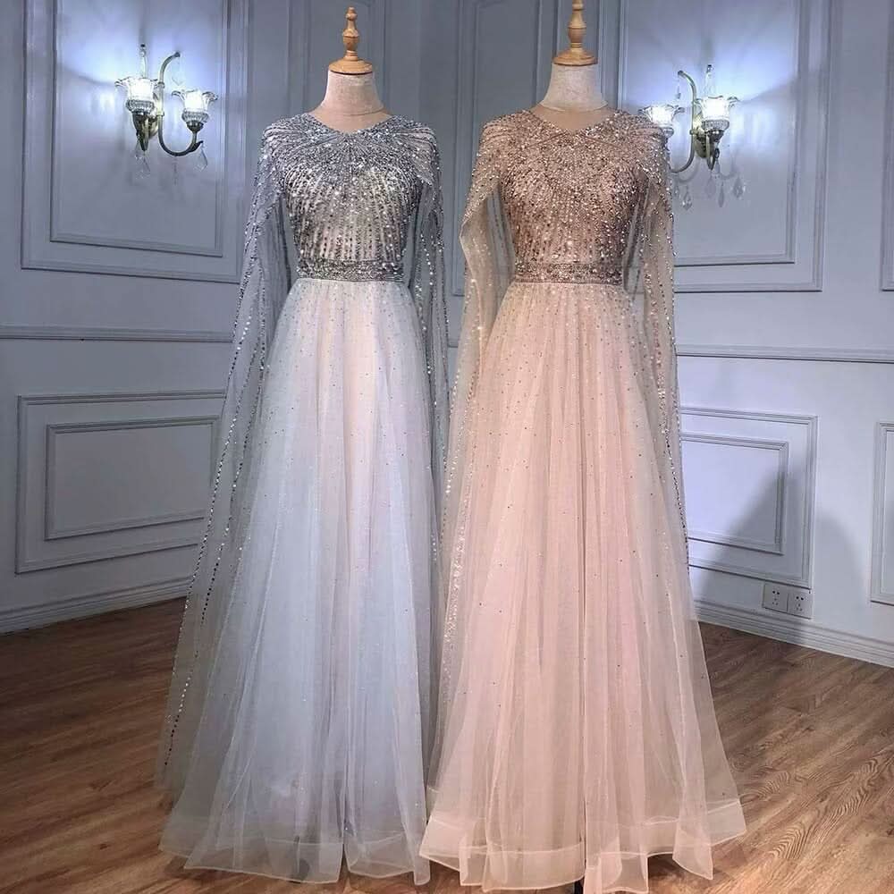 Long Sleeve Tulle Sequin Prom Dress with Fluttering A-Line Style BM bride