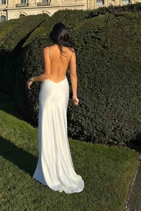 Spaghetti Strap Sleeveless Backless V Neck Long Prom Dress With Split