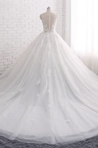 Sleeveless Tulle Train Long Wedding Dress With Appliques Lace BM bride