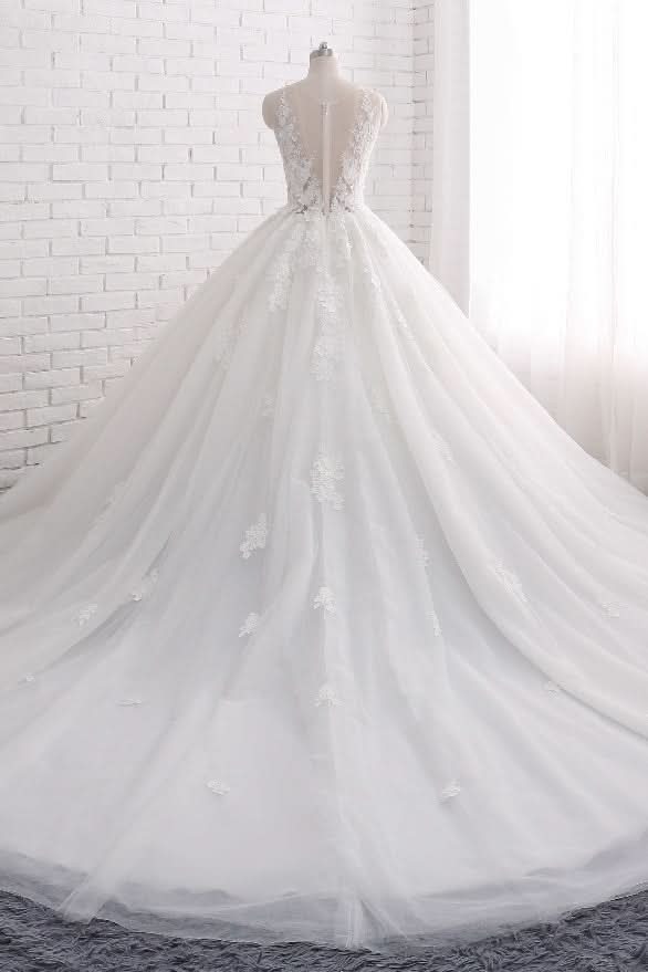 Sleeveless Tulle Train Long Wedding Dress With Appliques Lace BM bride