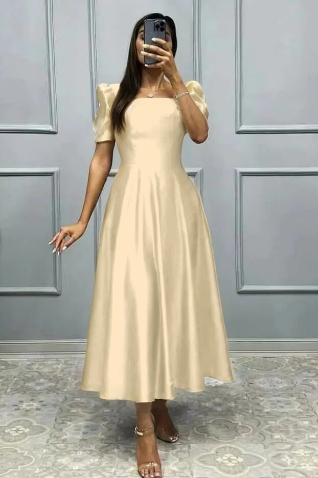 Elegant Square A Line High Waist Pleated Prom Dress With Short Sleeves BMBRIDE