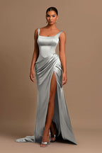 Gorgeous Lotus Root Pink Ball Gown Evening Dress Wide Shoulder Straps Square Neckline Pleated Slit BM bride