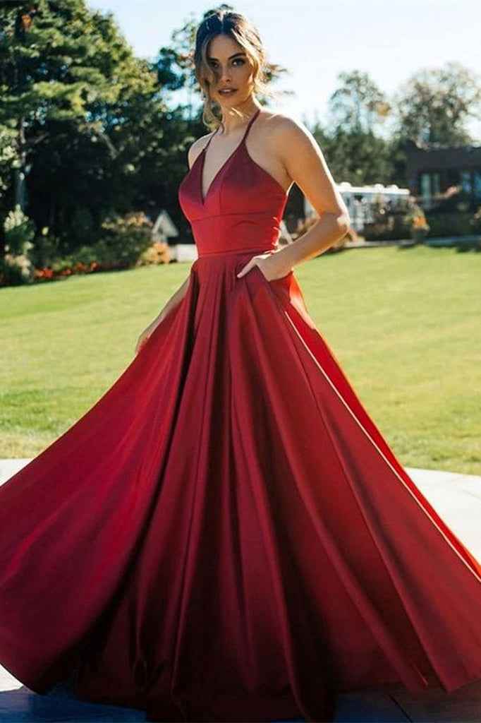 Halter V Neck Sleeveless Long A Line Prom Dress With Pockets Red