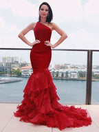 One Shoulder Burgundy Mermaid Prom Dress BM bride