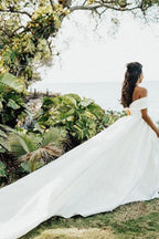 White V-Neck Off-the-Shoulder Ball Gown Wedding Dress with Lace BM bride