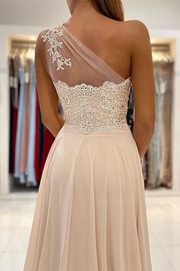 One Shoulder Lace Appliques Prom Dress with Slit BM bride