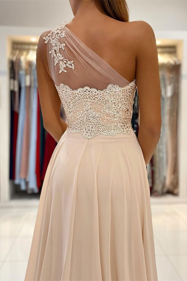 Glamorous One Shoulder Sleeveless Lace Appliques Prom Dress With Front Split BMBRIDE