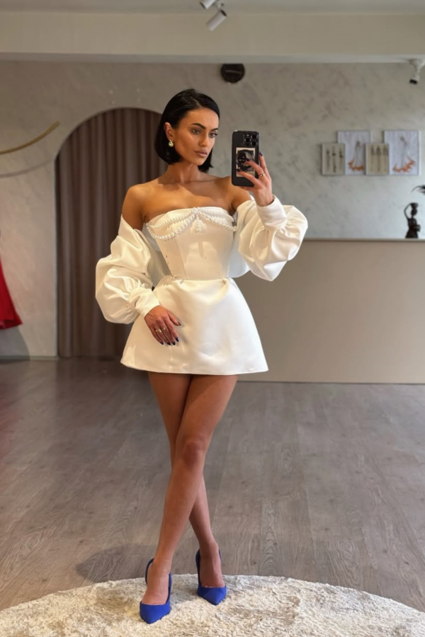 Spaghetti Strap Long Sleeves A Line Prom Dress With Beading BMBRIDE