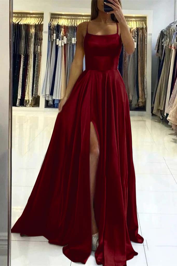 Pink Spaghetti Strap Sleeveless Backless Long Prom Dress With Front Split BMBRIDE