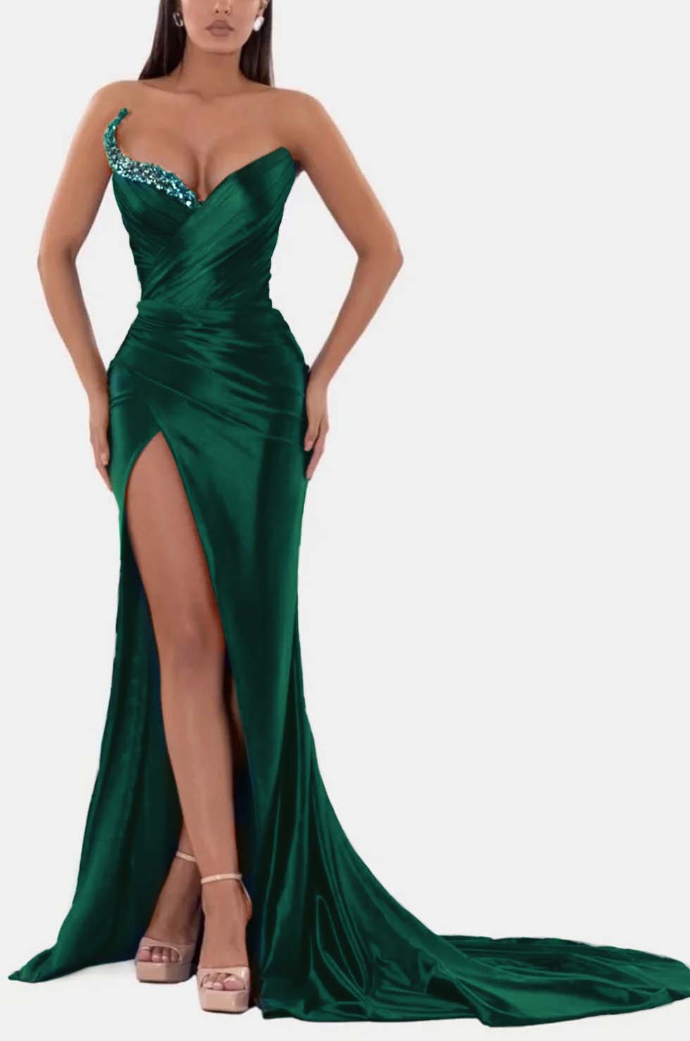 Sexy Royal Blue Prom Dress V Neck With High Slit Pleated Strapless Sleeveless BMBRIDE
