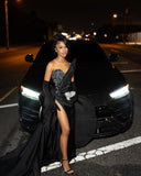 Black Sequin Strapless Prom Dress with Long Slit Pleated BM bride