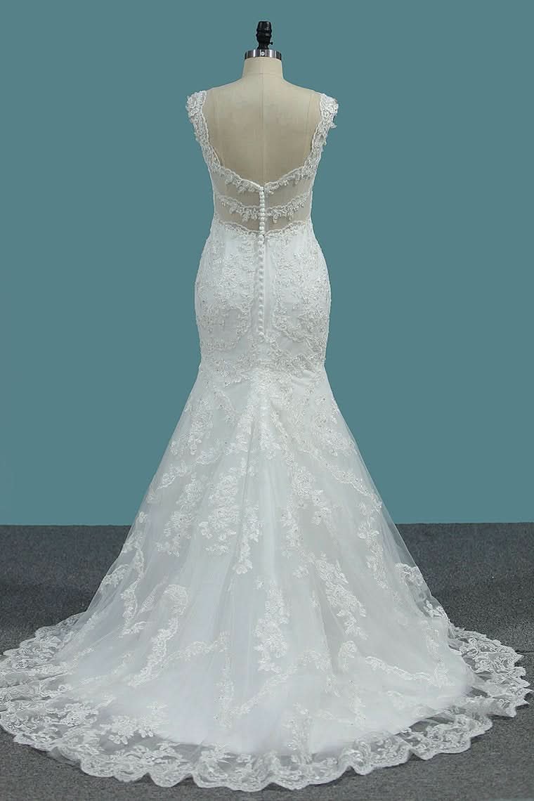 Wide Straps V-neck Mermaid Wedding Dress Floor-length With Appliques Lace BM bride