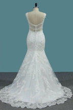 Wide Straps V-neck Mermaid Wedding Dress Floor-length With Appliques Lace BM bride