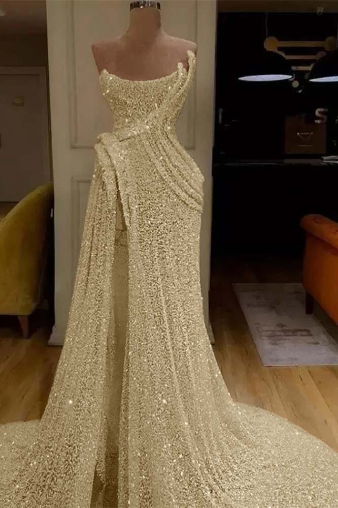 Sequin Strapless Sleeveless Long Mermaid Prom Dress With Split BMBRIDE