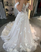A-Line Deep V-neck Backless Wedding Dress Long Sleeves Pearl With Appliques Lace BM bride