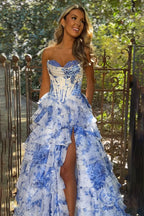 Blush Sweetheart A-Line Chiffon Floral Ruffled Long Corset Prom Dress with Slit