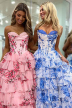 Blush Sweetheart A-Line Chiffon Floral Ruffled Long Corset Prom Dress with Slit
