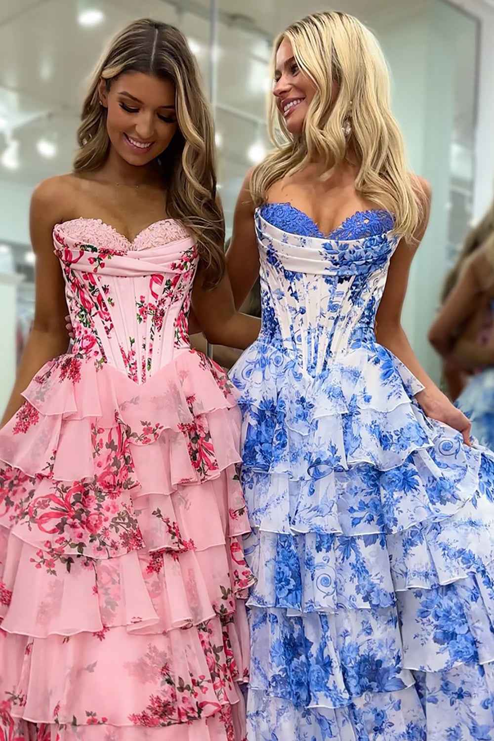 Blush Sweetheart A-Line Chiffon Floral Ruffled Long Corset Prom Dress with Slit