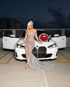 Silver Goddess - Sheer Crystal Beaded Prom Dress with High Slit
