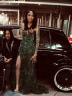 Emerald Empress - Dark Green Sequin Mermaid Prom Dress with Gold Tassel Bodice & Sheer Cape