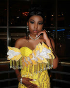 The Golden Sunflower - 2026 Off-Shoulder Lace Mermaid Gown: White Floral Appliqués with Crystal Fringe & Yellow Lace Train