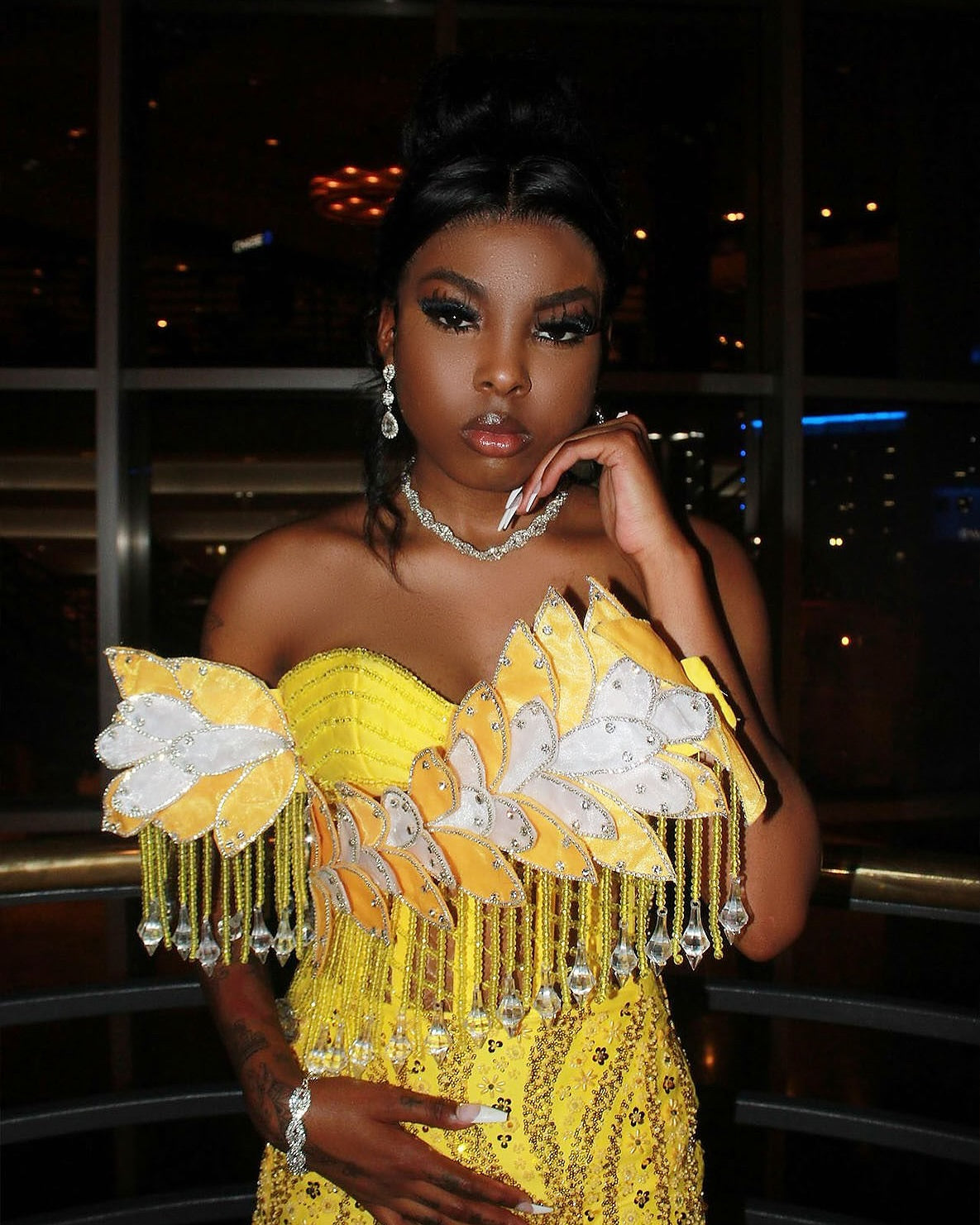 The Golden Sunflower - 2026 Off-Shoulder Lace Mermaid Gown: White Floral Appliqués with Crystal Fringe & Yellow Lace Train