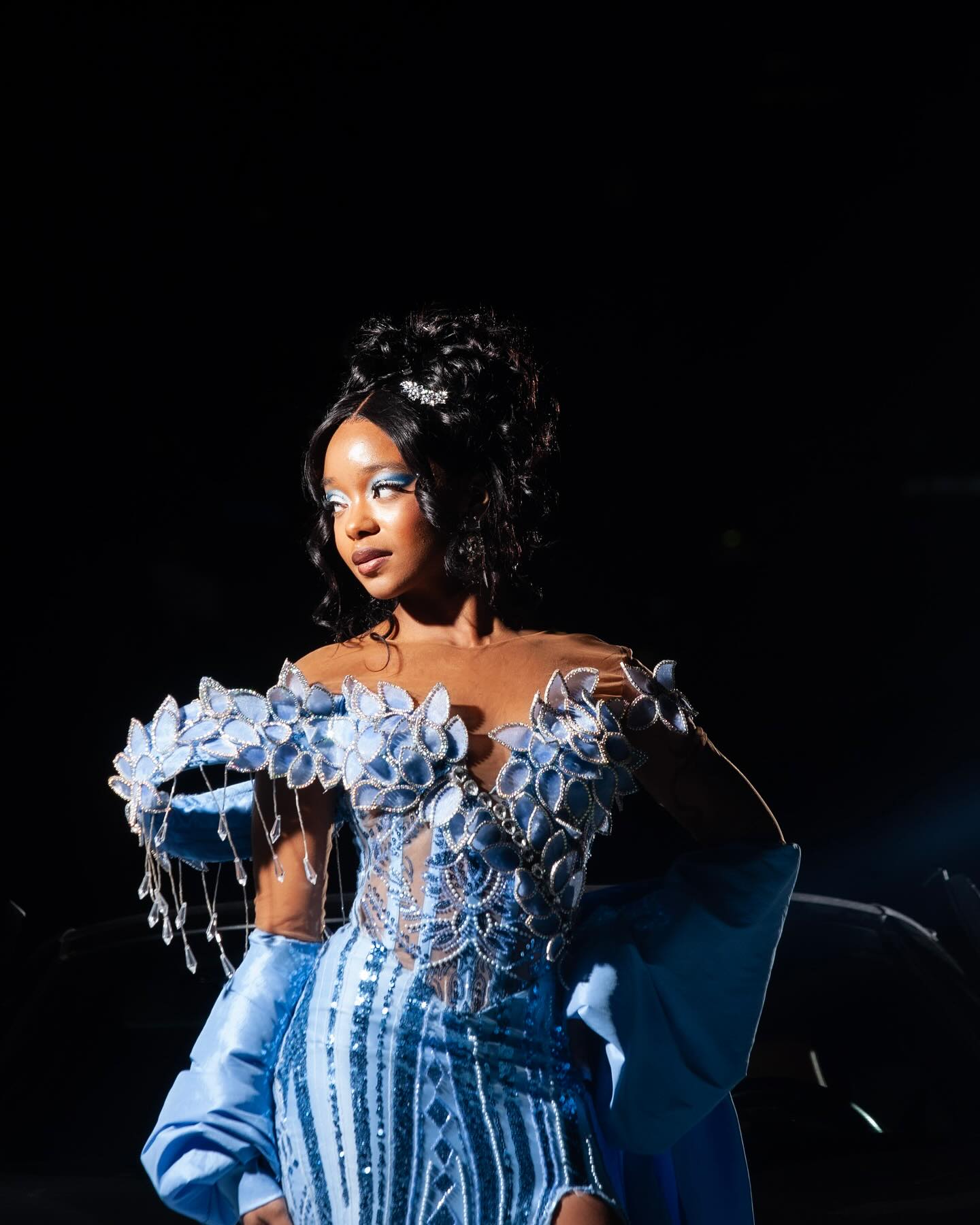 The Sky Diamond - 2026 Off-Shoulder Beaded Mermaid Gown: White Floral Appliqués with Crystal Fringe & Blue Satin Sleeves
