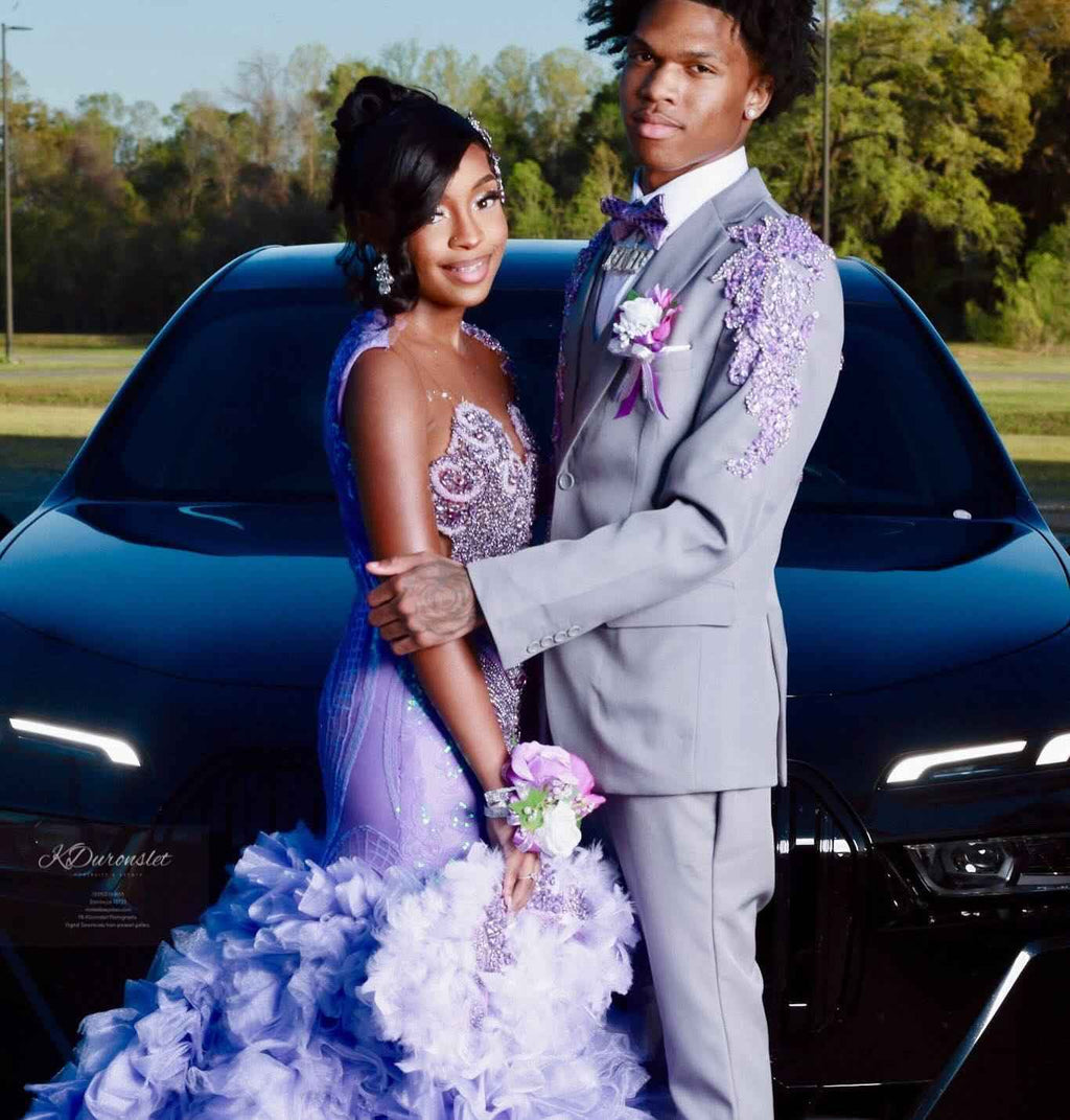 Lavender Dream - Purple Crystal Beaded Sheer Bodice Prom Dress with Ruffle Feather Skirt