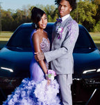 Lavender Dream - Purple Crystal Beaded Sheer Bodice Prom Dress with Ruffle Feather Skirt