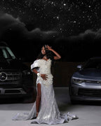 Starlight Dream - Silver Crystal Beaded Off-Shoulder Mermaid Prom Dress with Thigh Slit