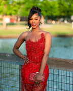 Red Hot - Sheer Illusion Beaded Mermaid Prom Dress with 3D Florals