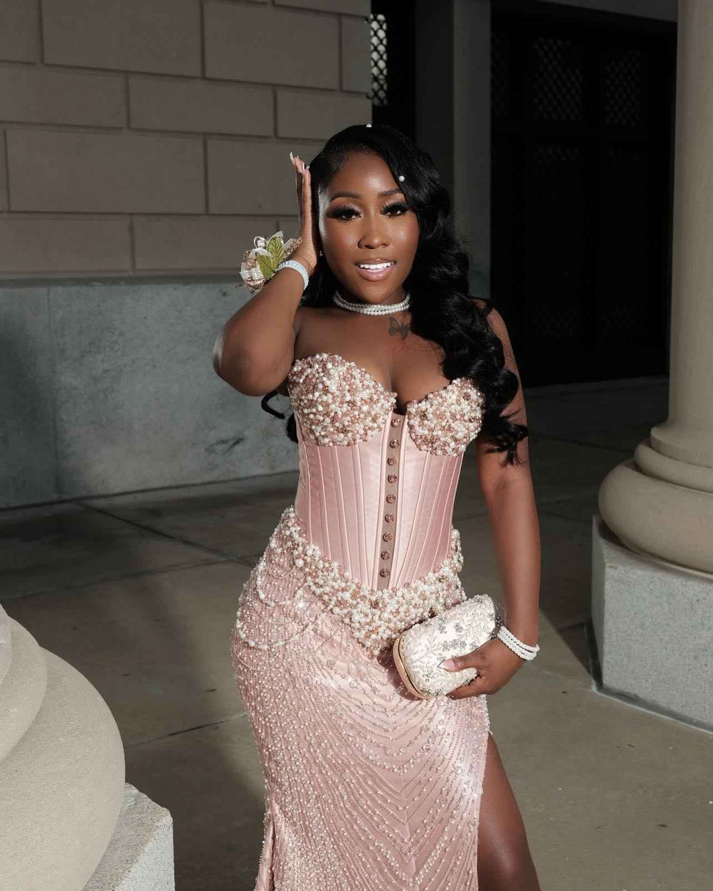 Pearl Perfection - Beaded Corset Mermaid Prom Dress with Detachable Sleeves