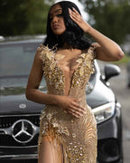 Golden Goddess - Luxury Beaded Mermaid Prom Dress with 3D Florals & Fringe BMBRIDE